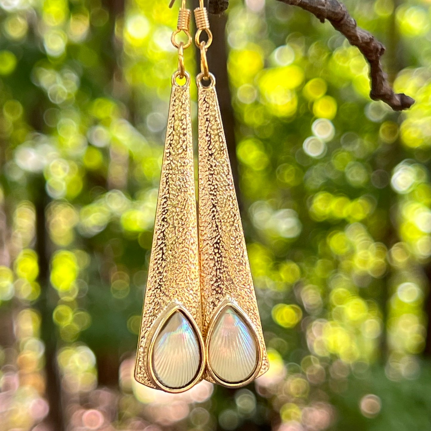 Textured Gold Teardrop Earrings – Iridescent Shell Dangles