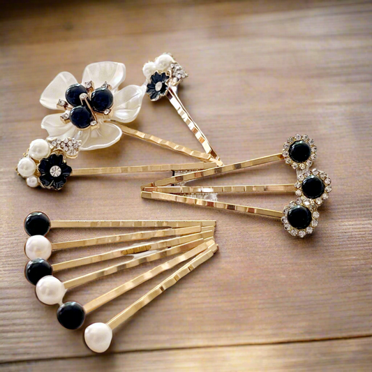 Black Pearl & Rhinestone Floral Hair Pins - Elegant Bridal Set