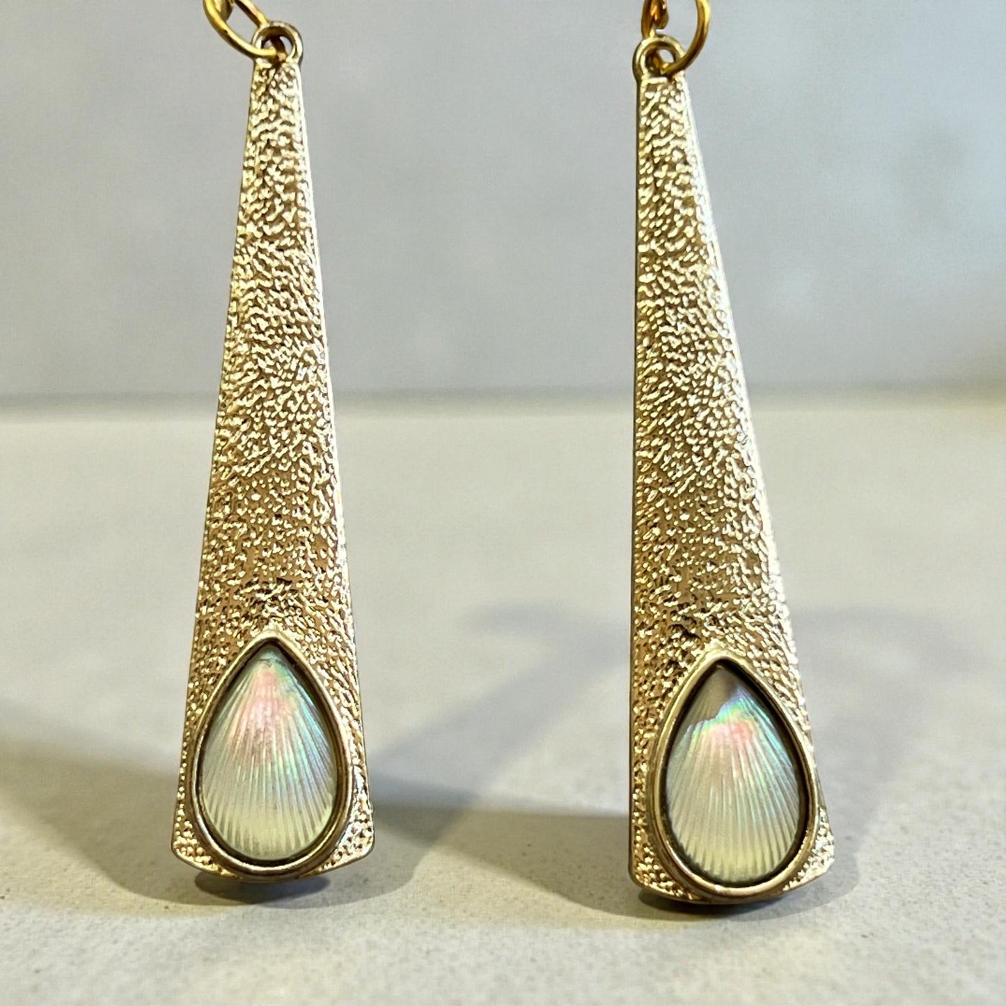 Textured Gold Teardrop Earrings – Iridescent Shell Dangles
