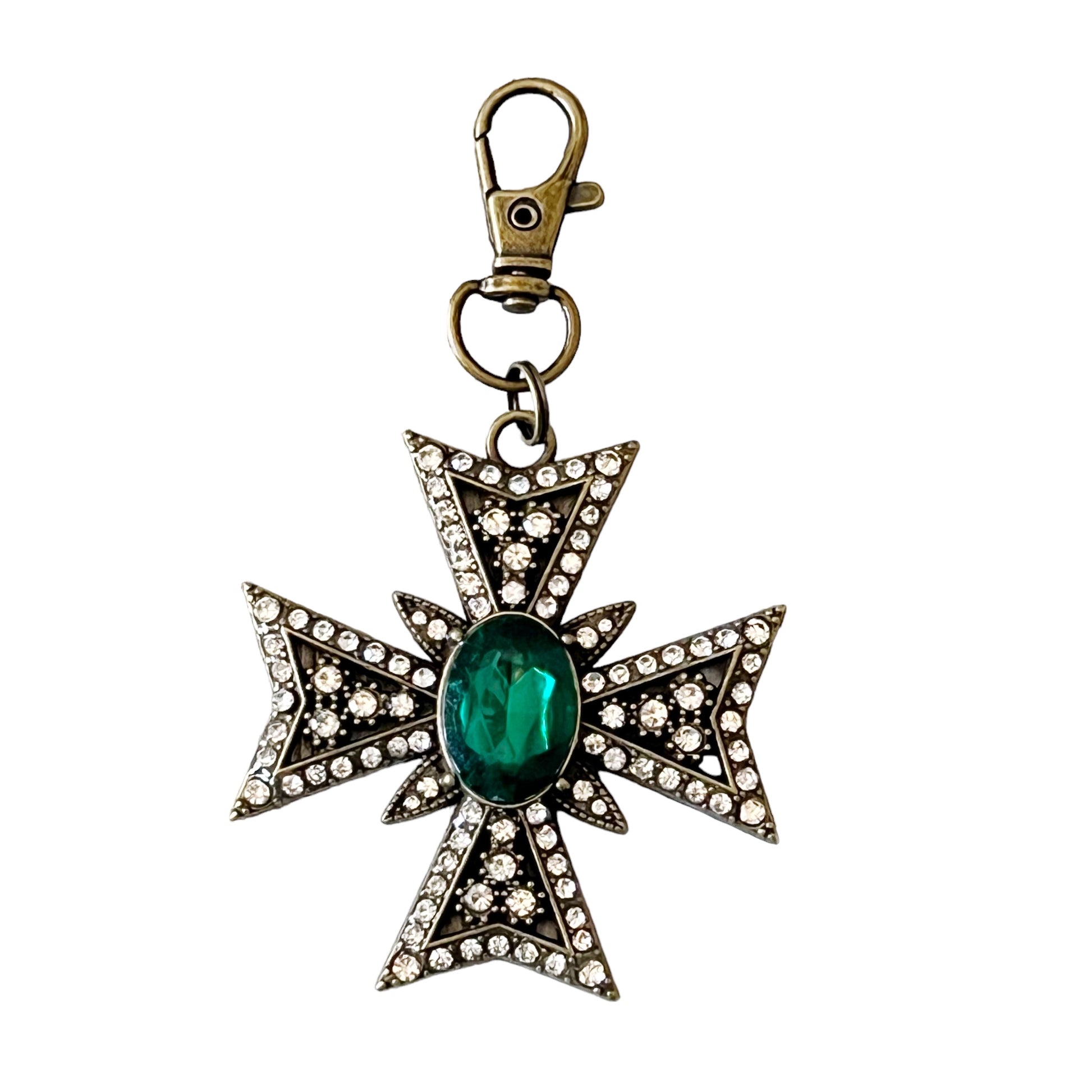 Emerald Jeweled Cross Purse Charm – Vintage-Inspired Bag Accessory