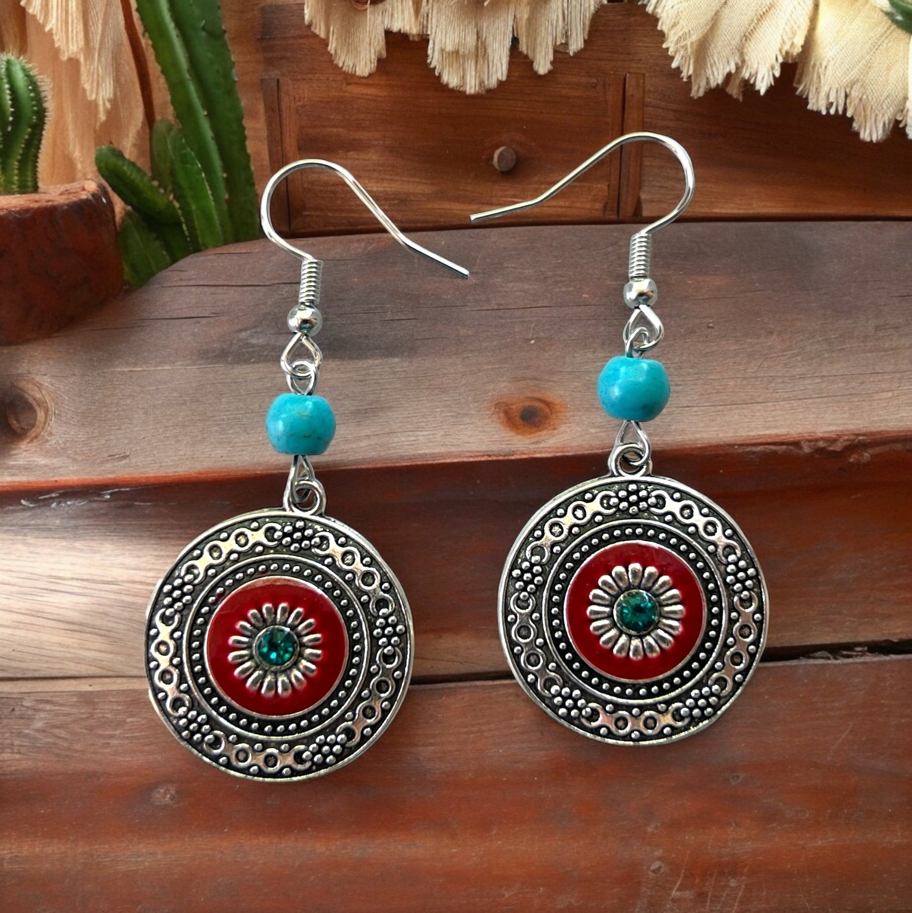 Western Medallion Earrings – Red & Turquoise Boho Dangles