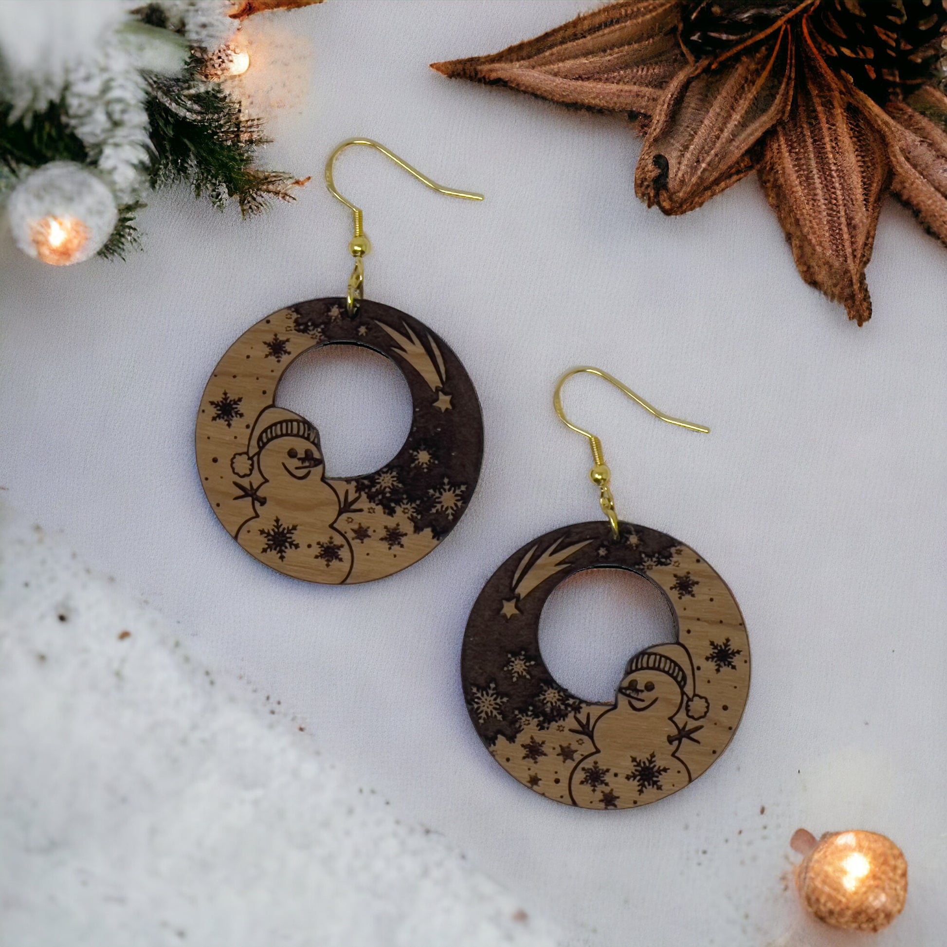 Snowman Moon Wood Earrings – Handmade Winter Holiday Jewelry