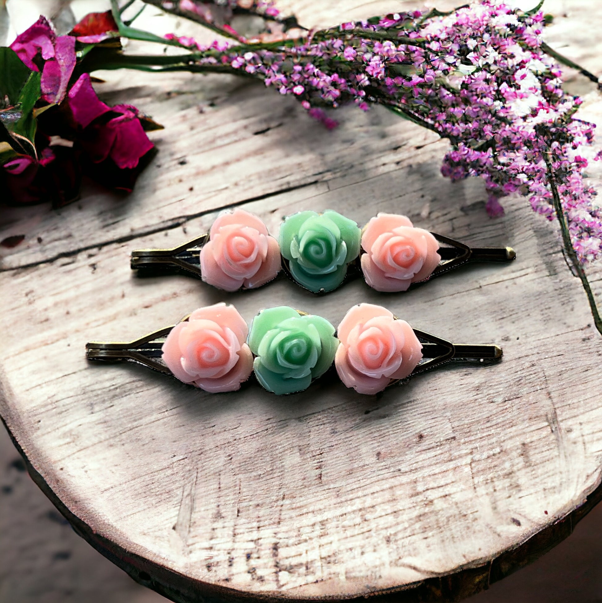Blush & Mint Rose Hair Pins – Set of 2 Cottagecore Accessories