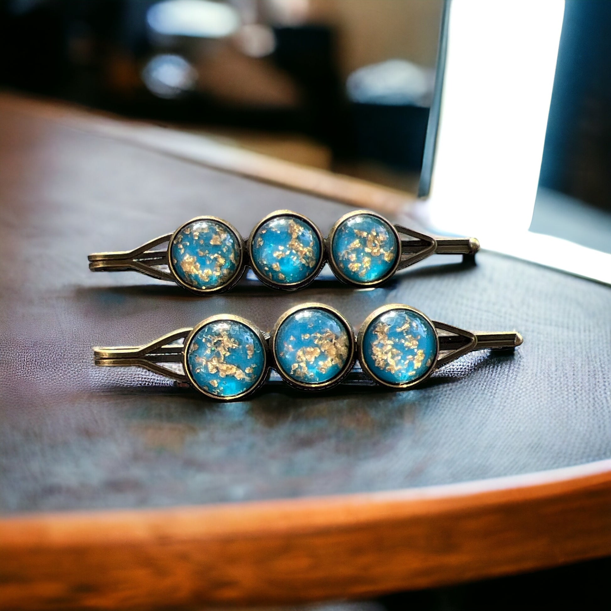 Sky Blue & Gold Foil Hair Pins – Set of 2 Celestial Hair Accessories