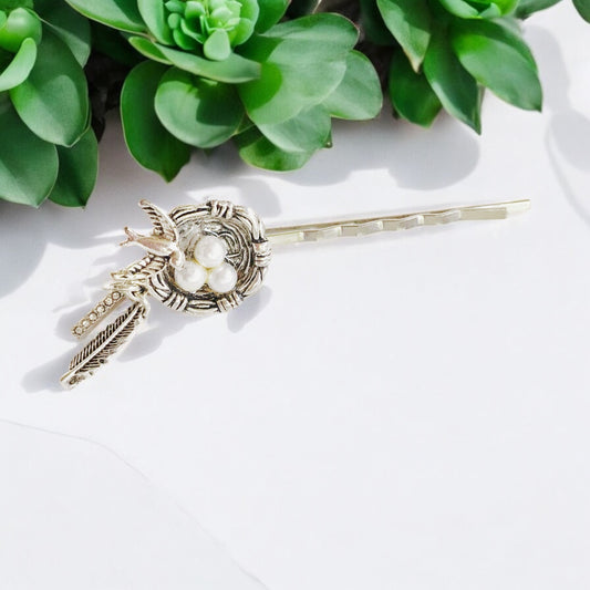 Bird Nest Hair Pin – Silver Nature Hair Accessory with Pearls & Charms
