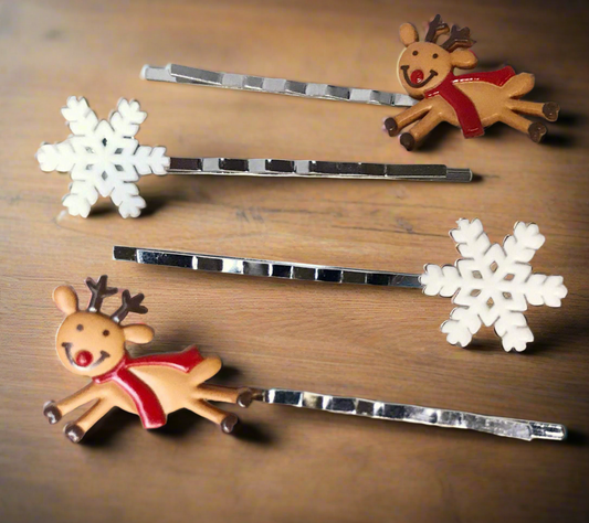 Reindeer & Snowflake Hair Pins, Christmas Bobby Pin Set of 4