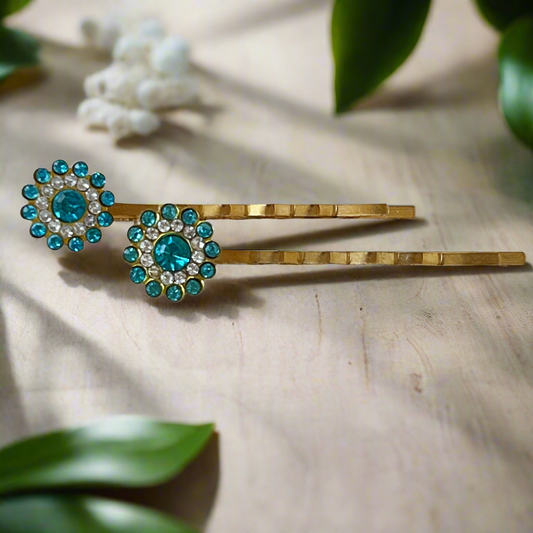 Blue Rhinestone Flower Hair Pins - Elegant Floral Hair Accessories