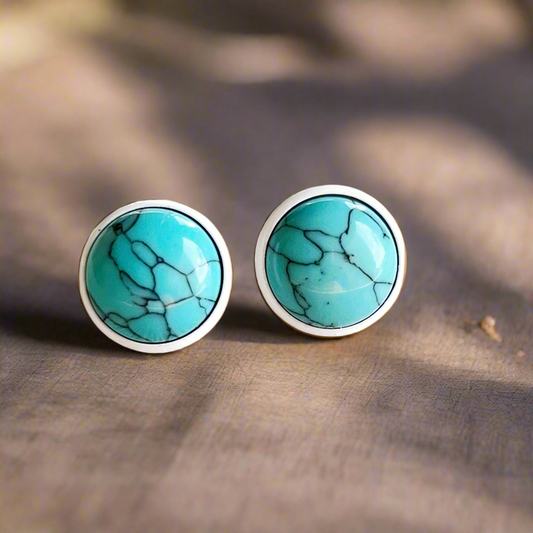 Turquoise Stud Earrings - White 12mm Setting - Boho Western