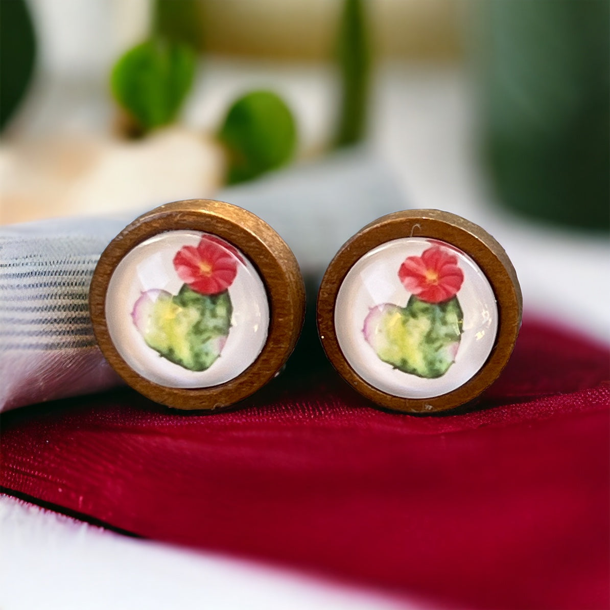 Cactus Bloom Stud Earrings – Wooden Desert-Inspired Jewelry
