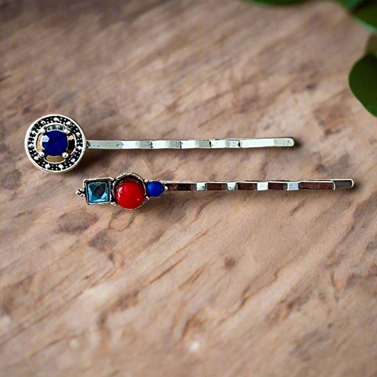 Colorful Gemstone Hair Pins – Set of 2 Silver Accessories