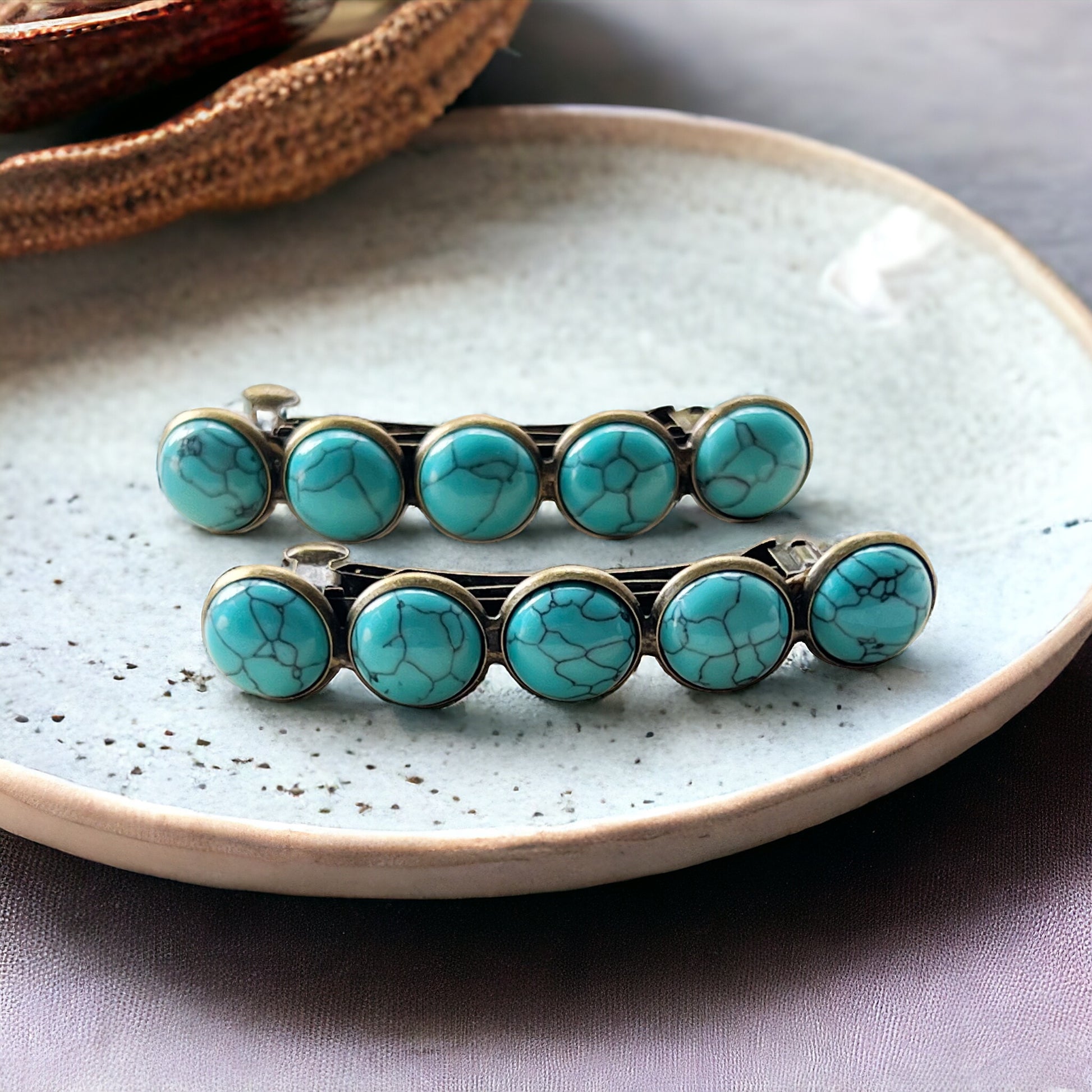 Turquoise Hair Barrettes - Western Cowgirl Hair Pins, Women's Southwestern Boho Hair Accessories, Set of 2