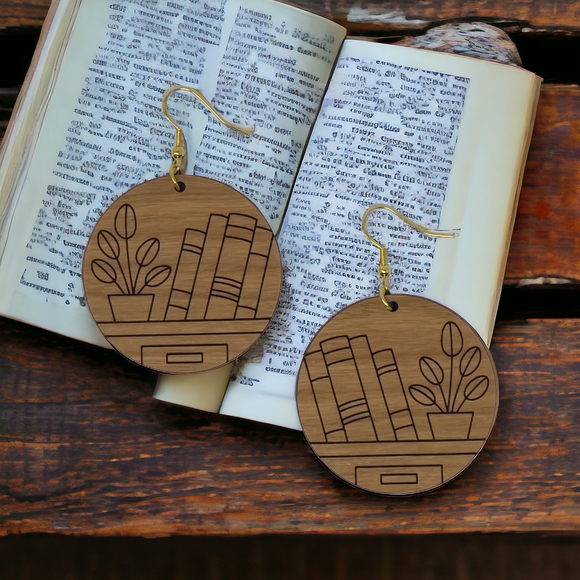 Bookshelf Wood Earrings – Boho Cottagecore Statement Jewelry