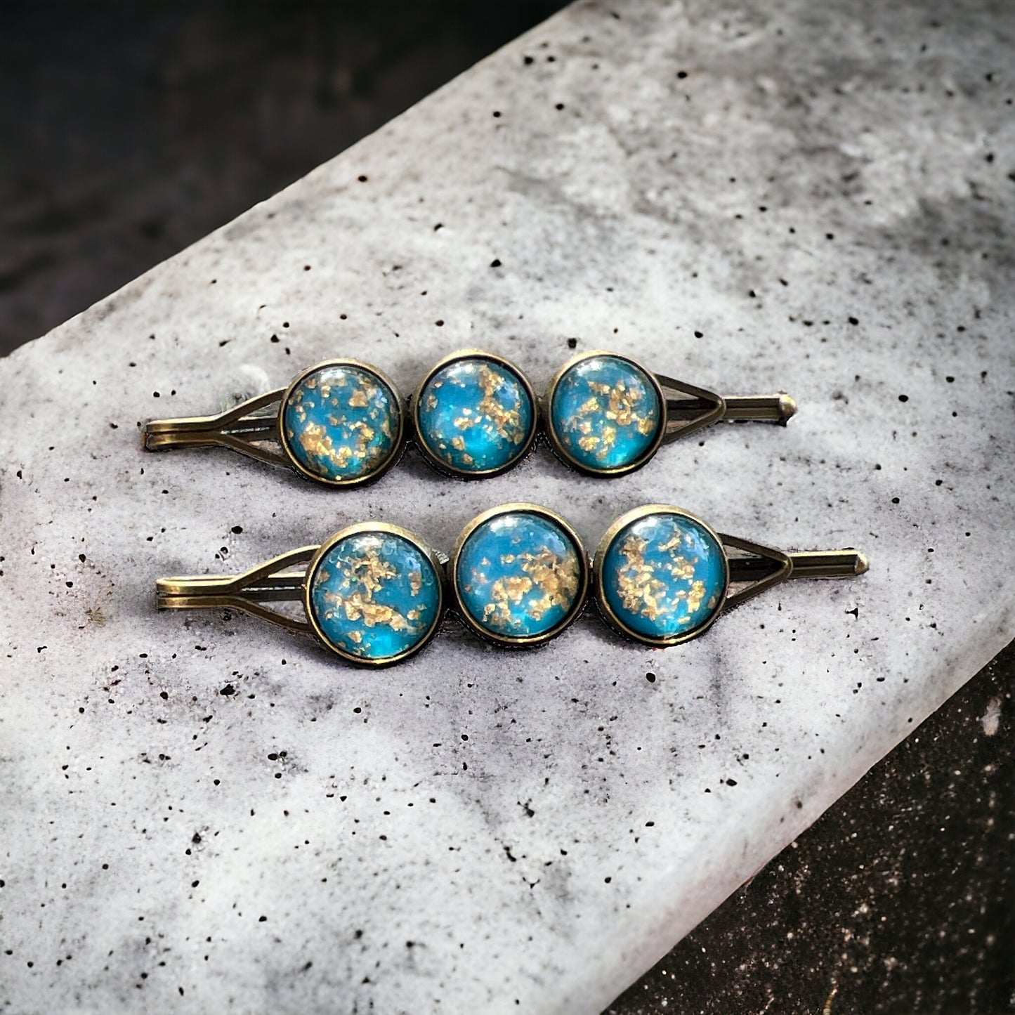 Sky Blue & Gold Foil Hair Pins – Set of 2 Celestial Hair Accessories