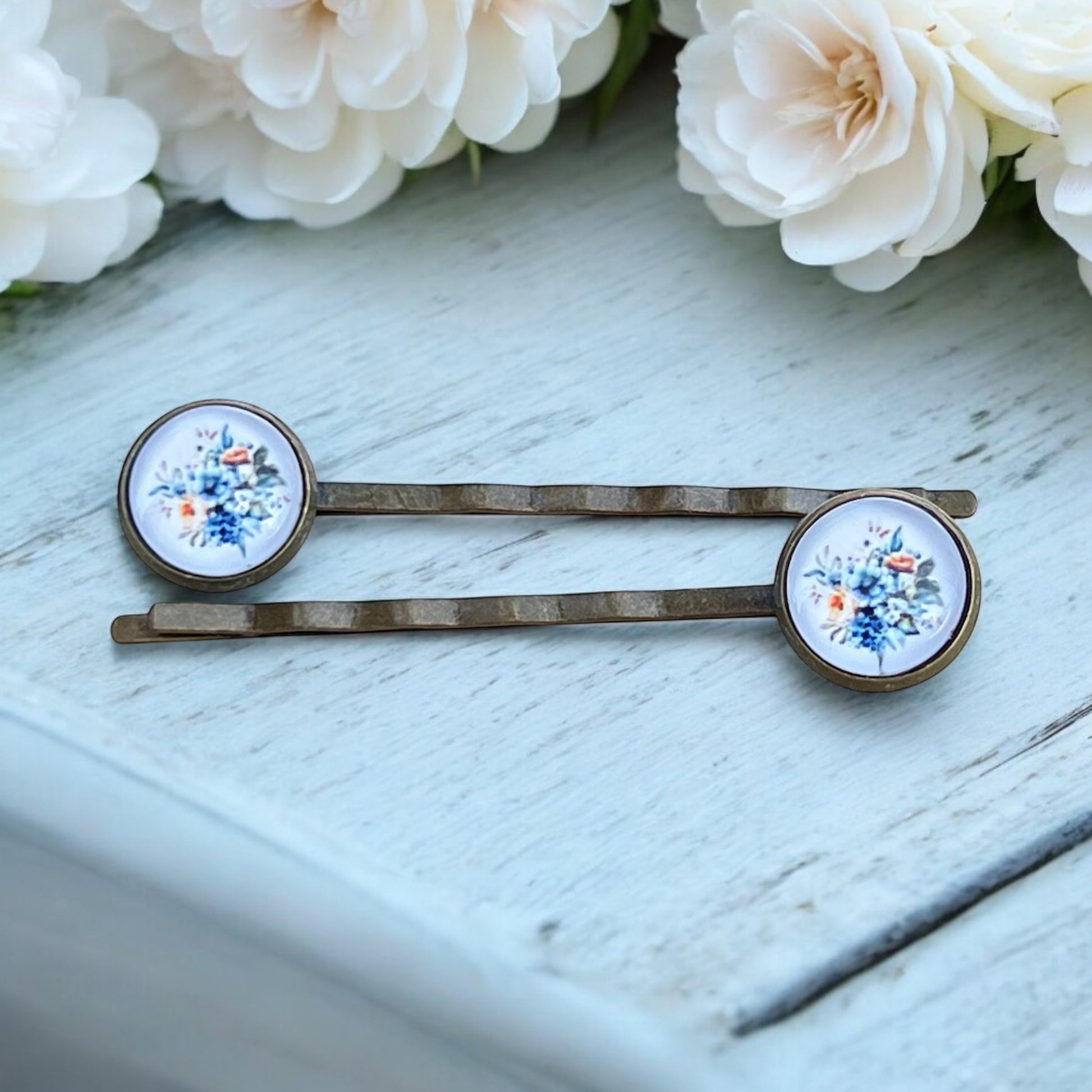 Blue Floral Hair Pins – Set of 2 Vintage Cottagecore Accessories