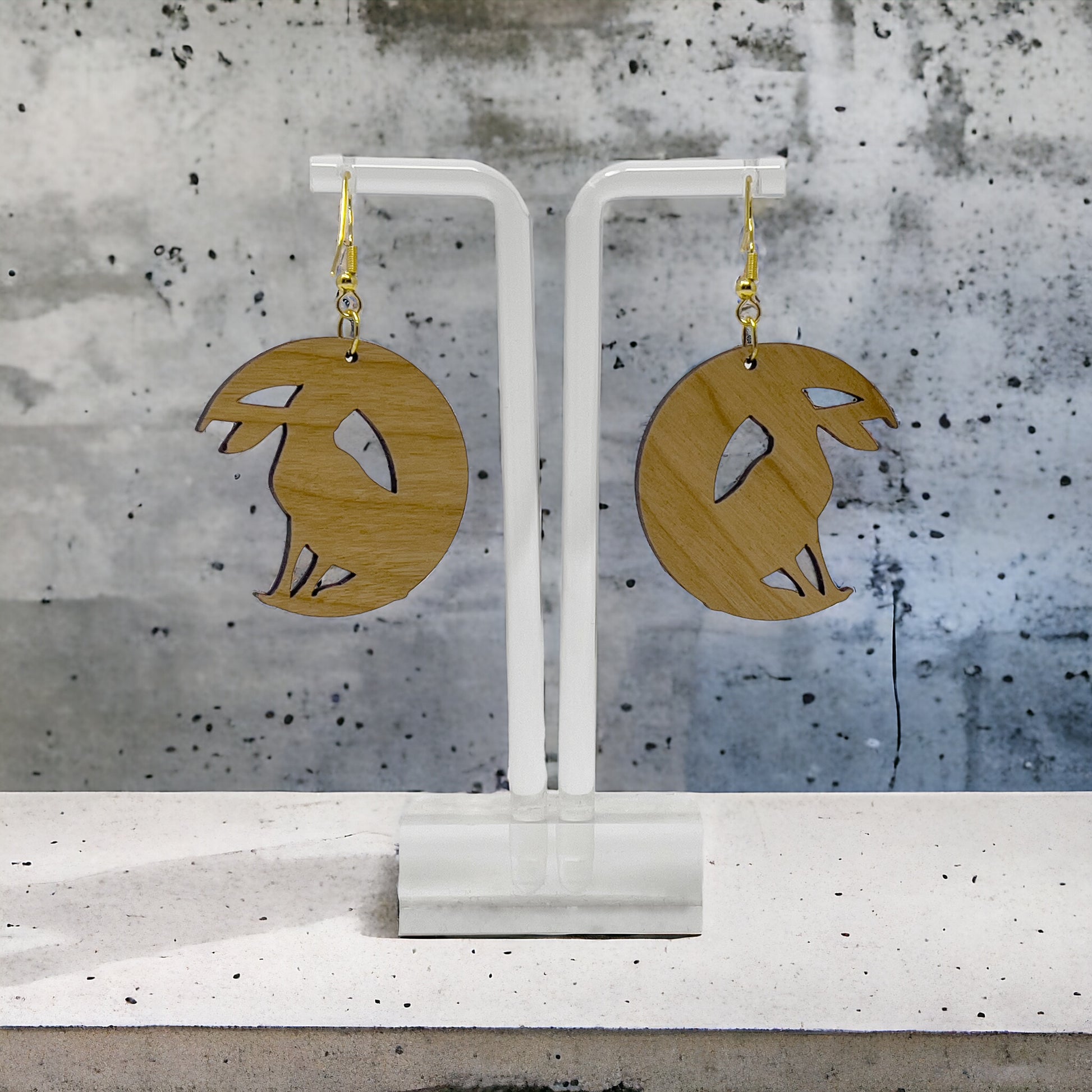 Moonlit Rabbit Earrings – Wooden Celestial Forest Jewelry with Gold Hooks