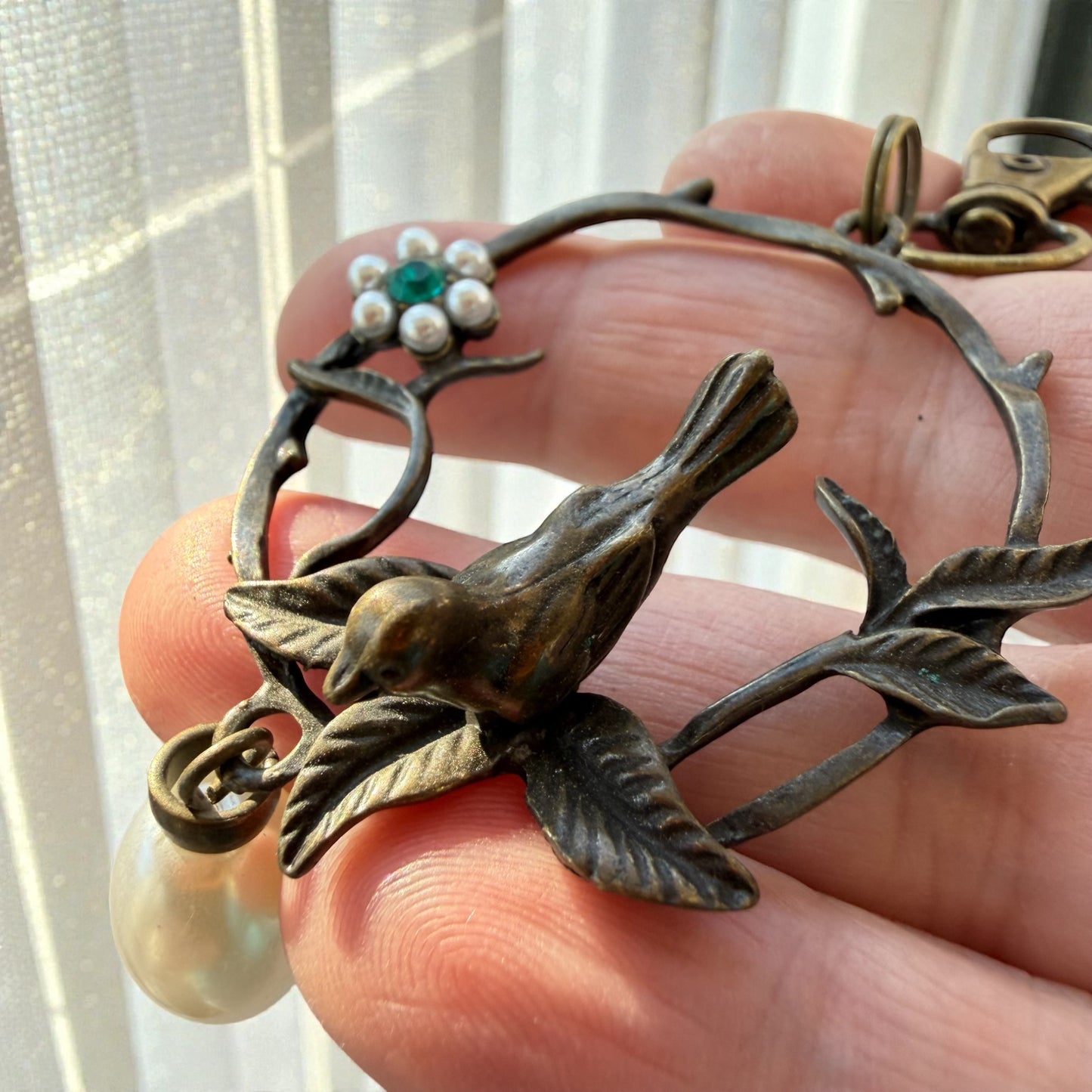 Vintage Bird & Pearl Purse Charm – Rustic Boho Branch Keychain
