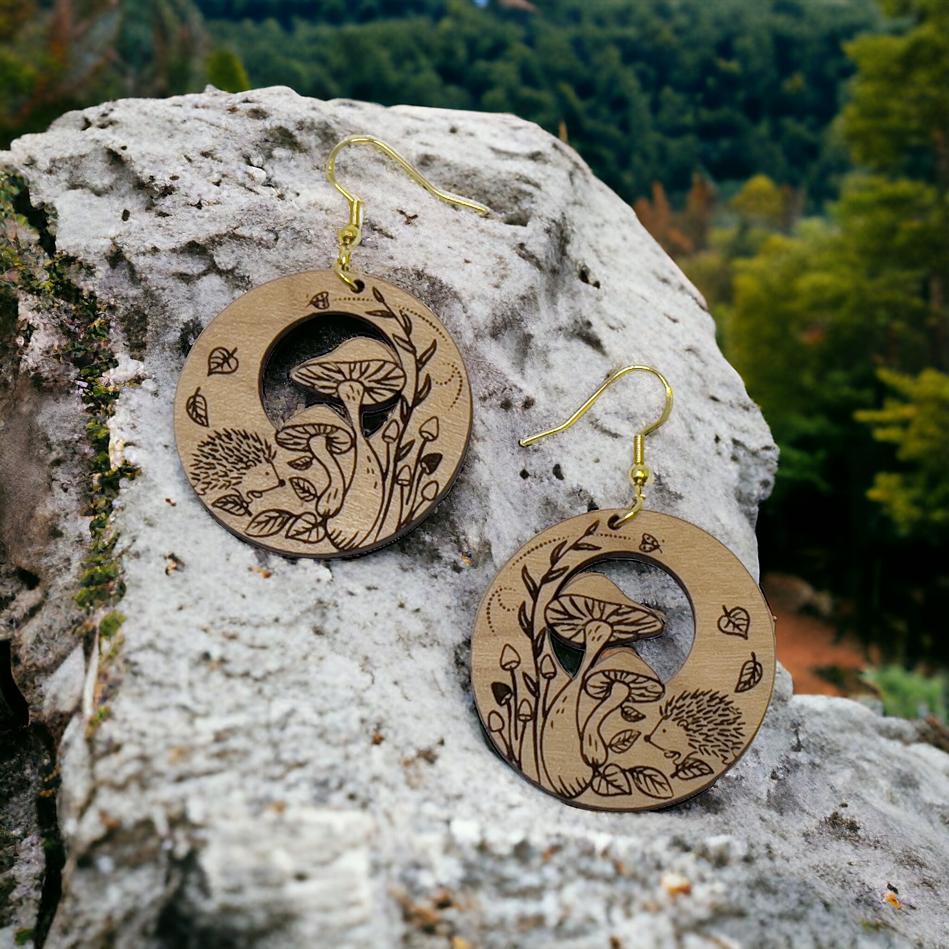 Hedgehog & Mushroom Wood Earrings – Whimsical Forest Jewelry