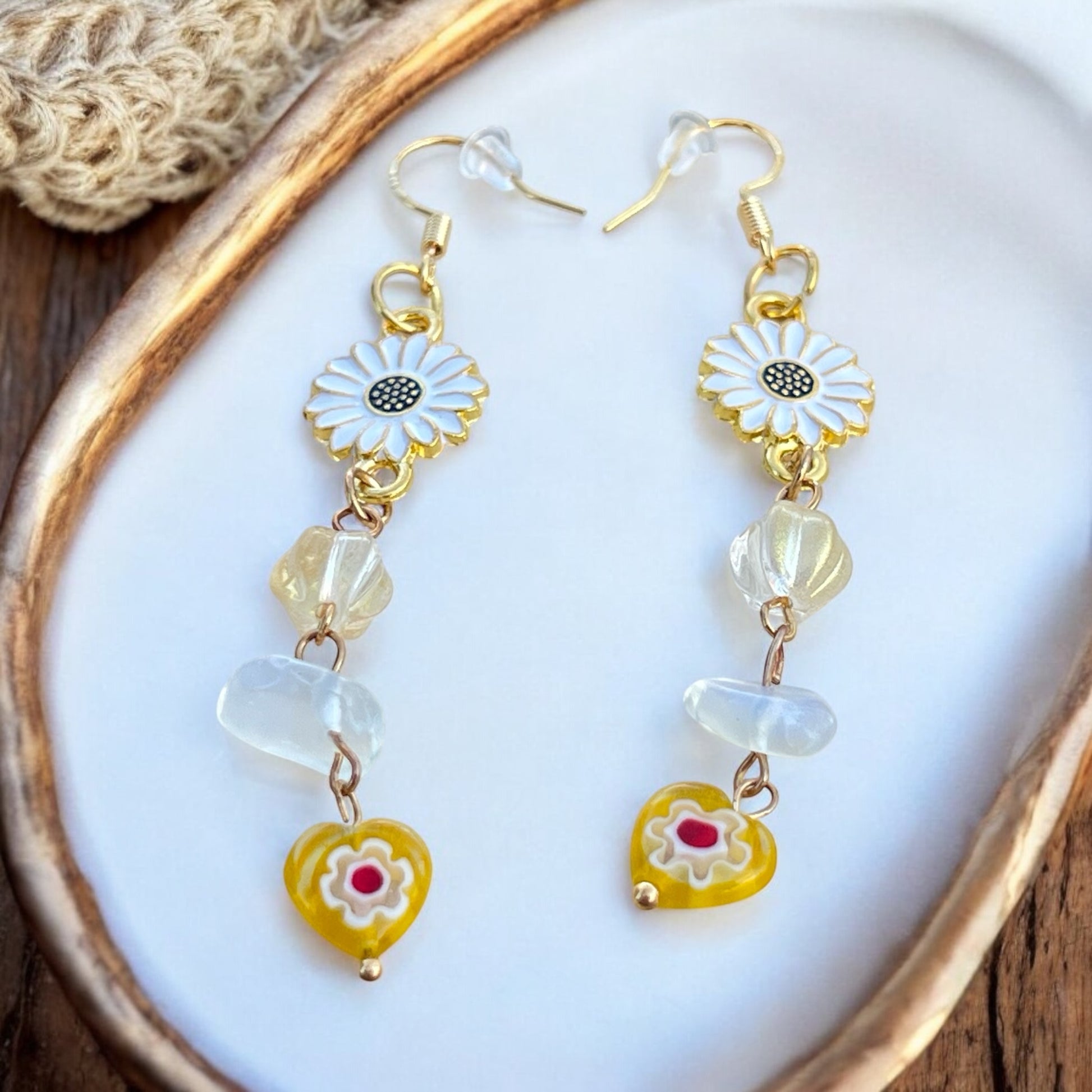 Daisy & Heart Dangle Earrings – Handmade Boho Drop Jewelry