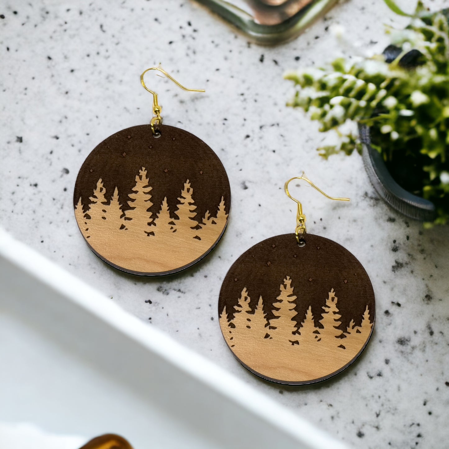Starry Forest Circle Earrings – Dark Wood Nighttime Tree Line Jewelry