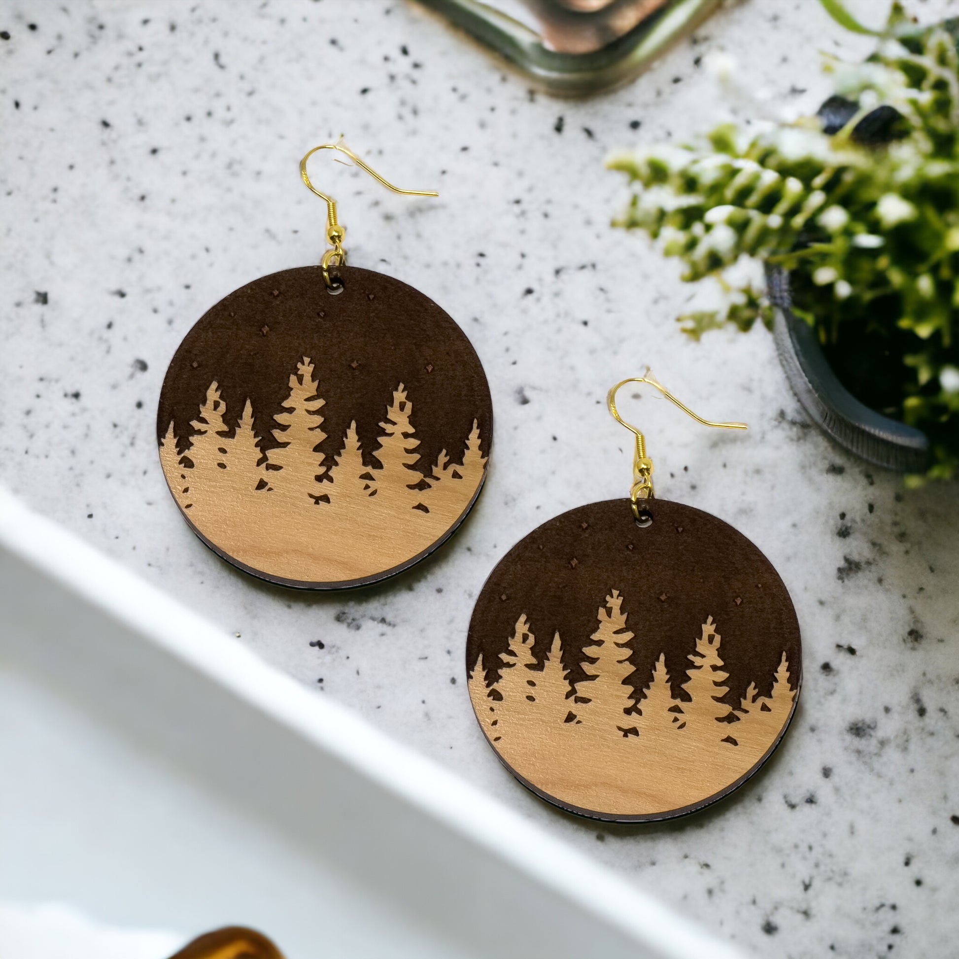 Starry Forest Circle Earrings – Dark Wood Nighttime Tree Line Jewelry