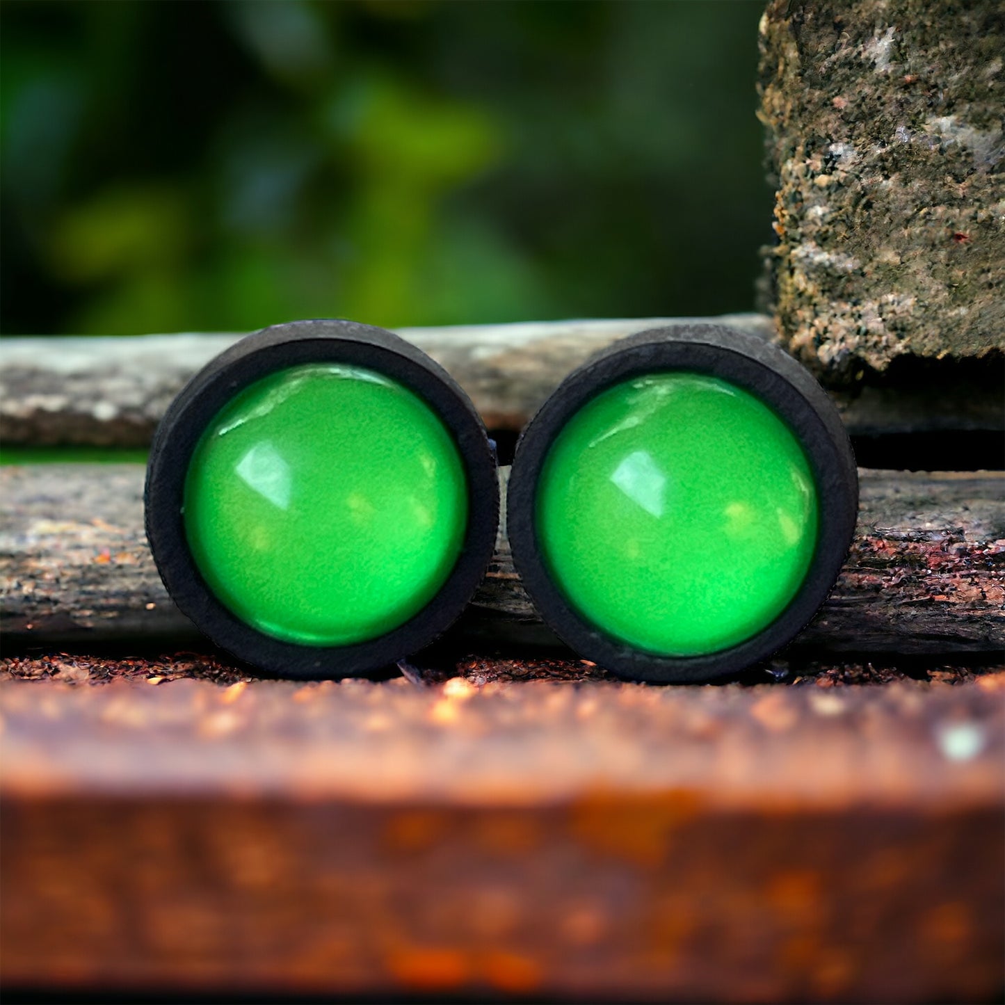 Neon Green Dome Stud Earrings – Bold Black Statement Jewelry