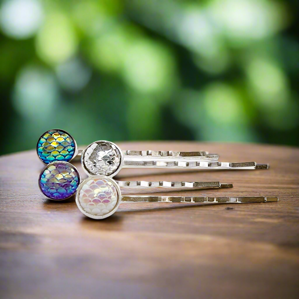 Silver Mermaid Hair Pins: Set of 4 in Purple, Silver, White, & Blue