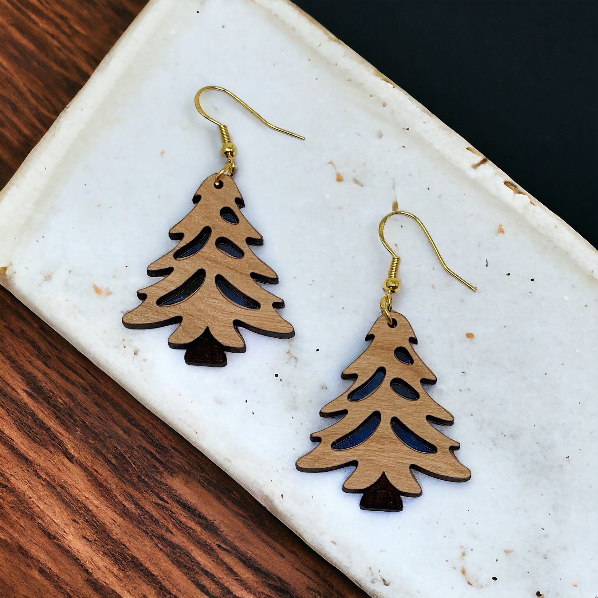 Rustic Tree Cutout Earrings – Wooden Christmas Tree Dangle Earrings