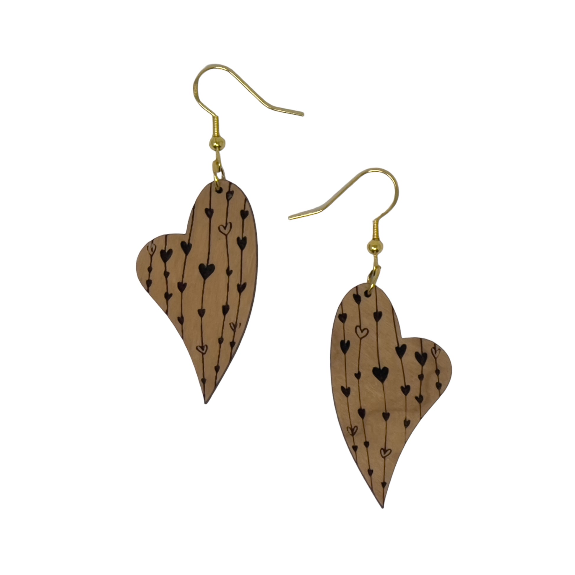 Etched Heart Drop Earrings – Asymmetrical Wooden Love Jewelry with Gold Hooks