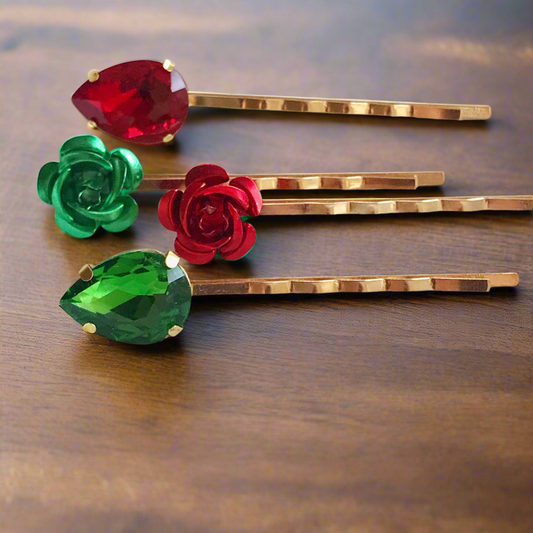 Red & Green Rhinestone Flower Hair Pins - Elegant Bobby Pin Set