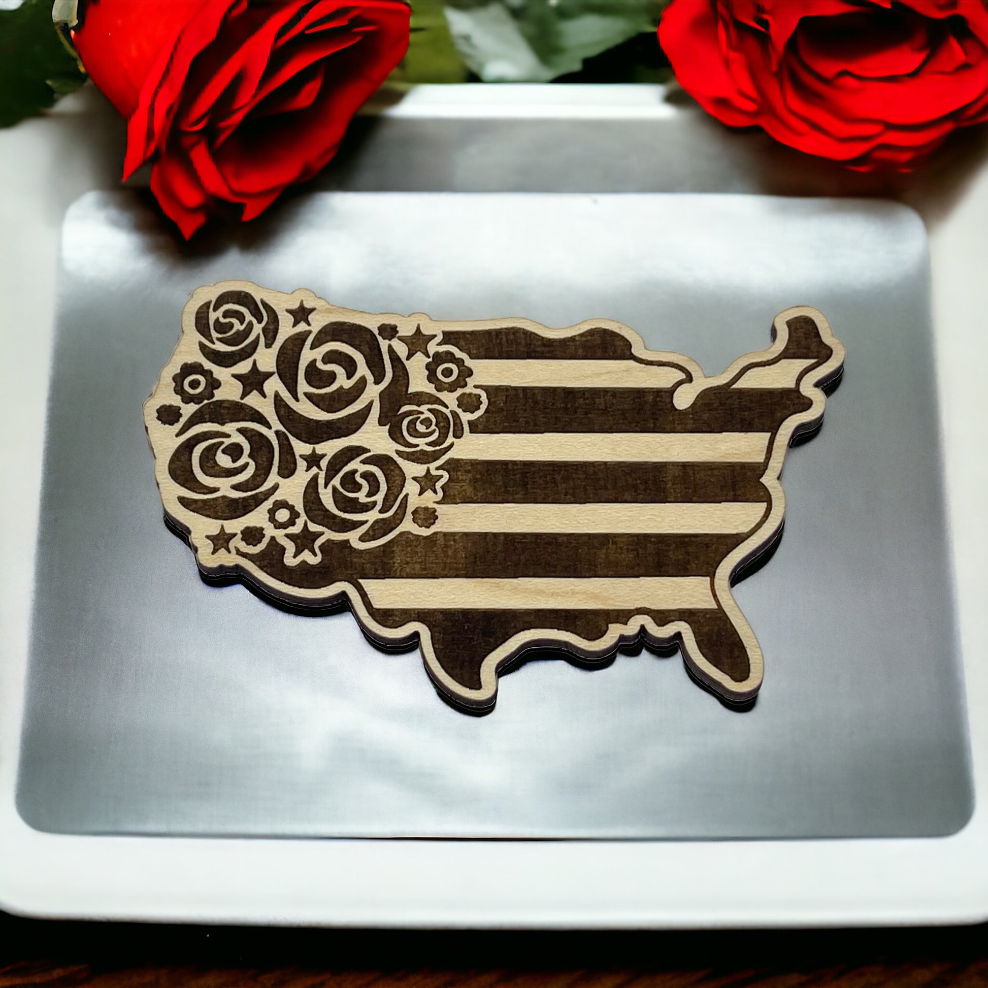 USA Shaped Magnet for Home Work School Office, Patriotic Decor Gift, Floral United States Flag Paintable Magnet, Boho Flower Wood Decoration
