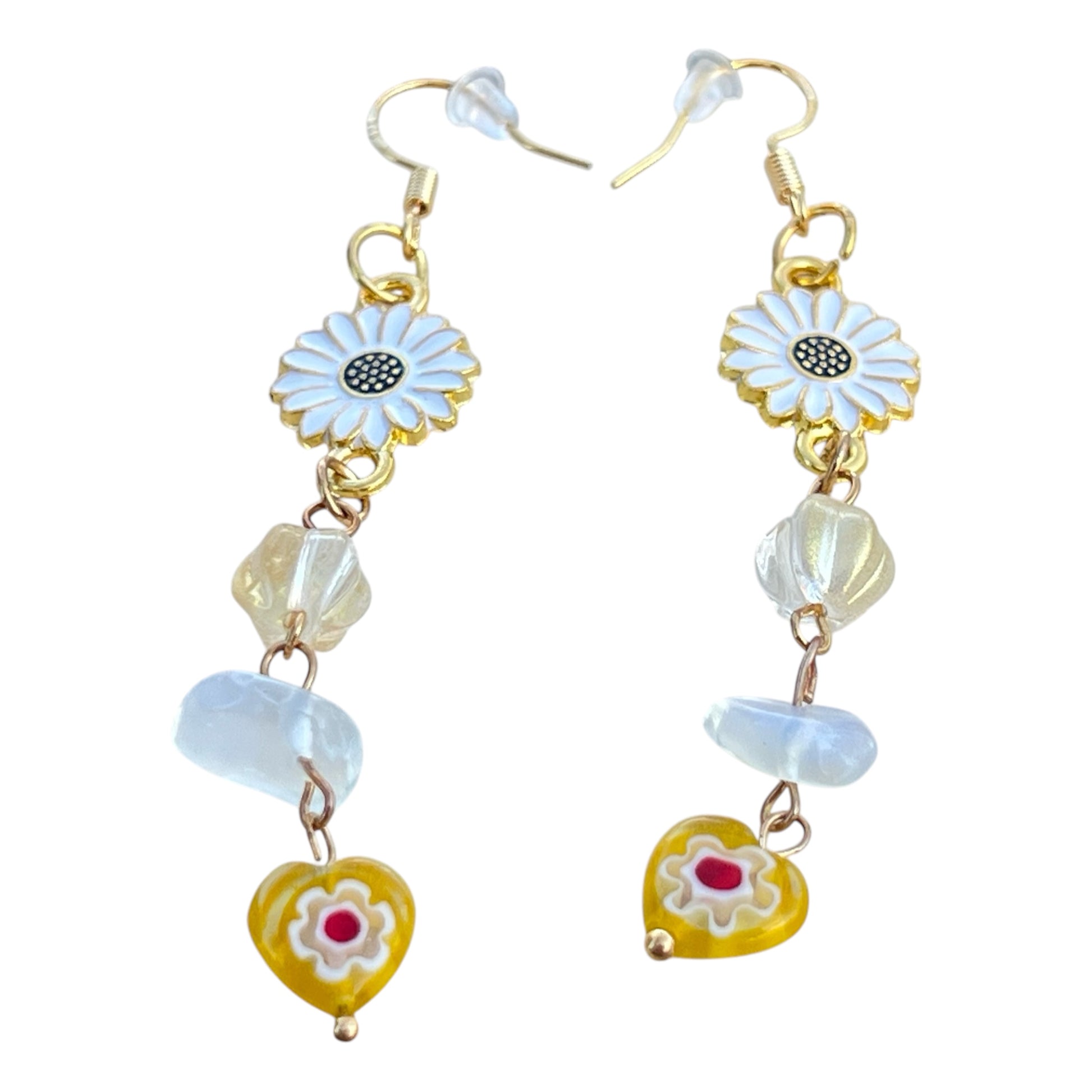 Daisy & Heart Dangle Earrings – Handmade Boho Drop Jewelry