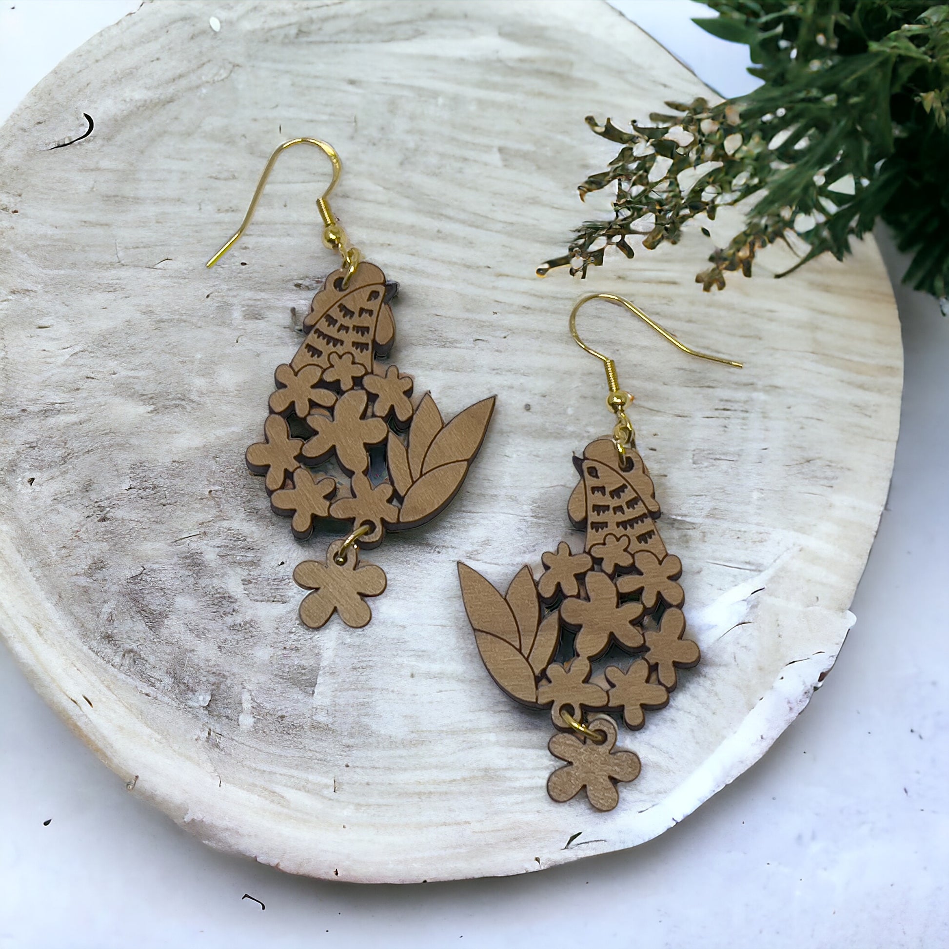Floral Chicken Wood Earrings – Boho Farmhouse Nature Jewelry