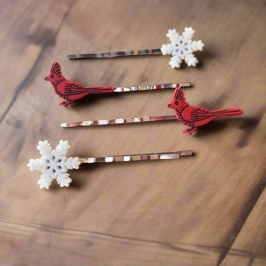Snowflake & Cardinal Bobby Pins - Whimsical Winter Hair Pins