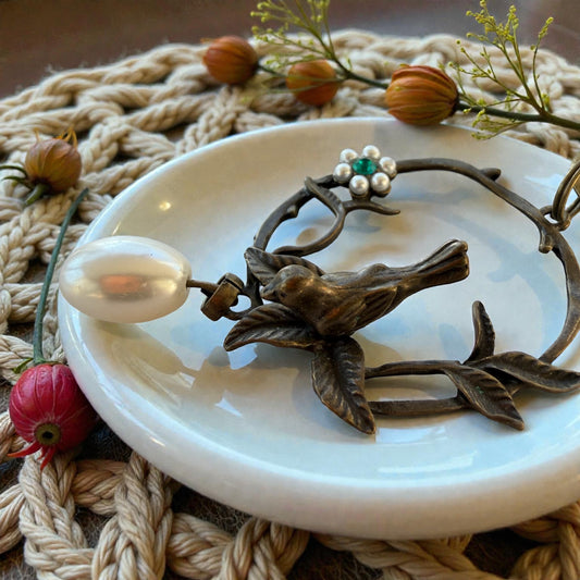 Vintage Bird & Pearl Purse Charm – Rustic Boho Branch Keychain