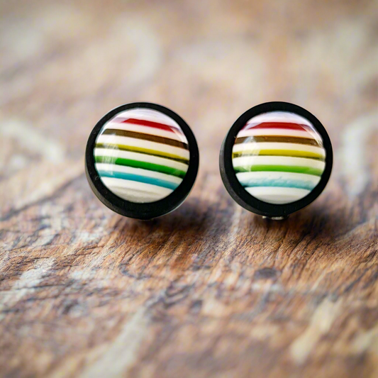 Rainbow Stripe Stud Earrings – Bold Multicolor Round Jewelry in Black Wood