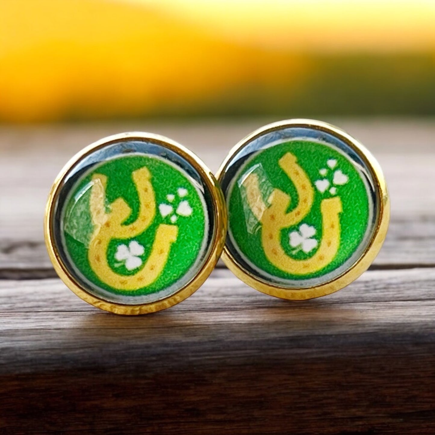 Lucky Horseshoe Stud Earrings – Green & Gold St. Patrick’s Day Jewelry for Her