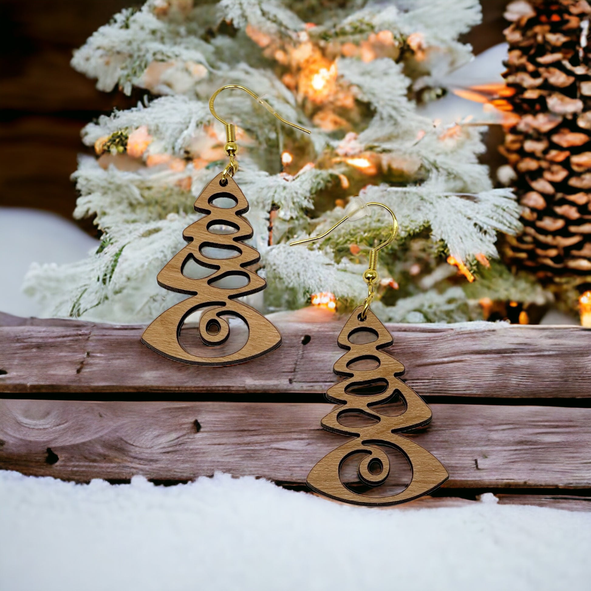 Mystic Pine Eye Earrings – Wooden Holiday Tree Jewelry with a Twist