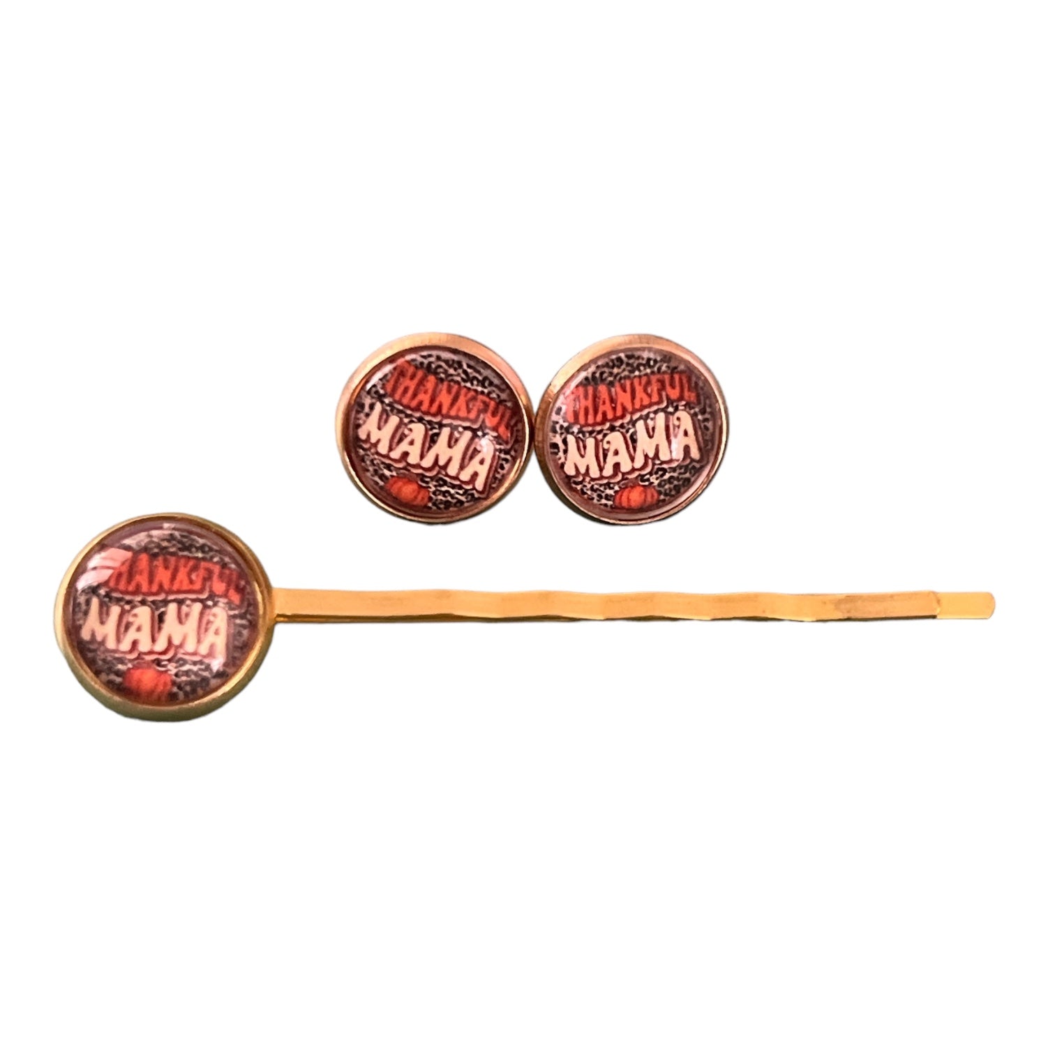 Thankful Mama Fall Thanksgiving Gold Hair Pin & Earring Set