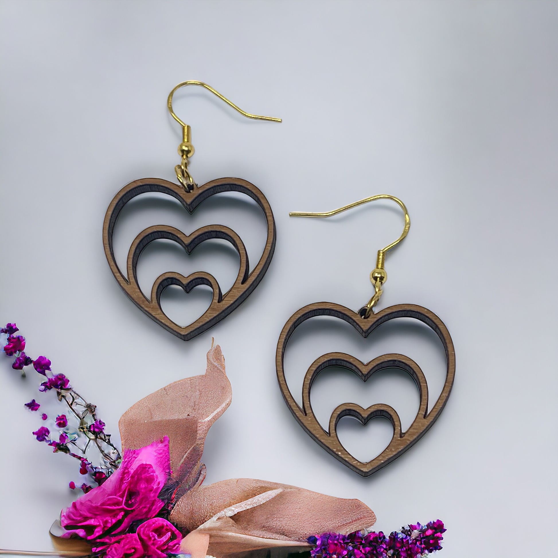 Nested Triple Heart Wood Earrings, Rustic Valentines Dangle Earrings, Cute Holiday Earrings, Wooden Cutout Earrings, Country Western Boho Jewelry
