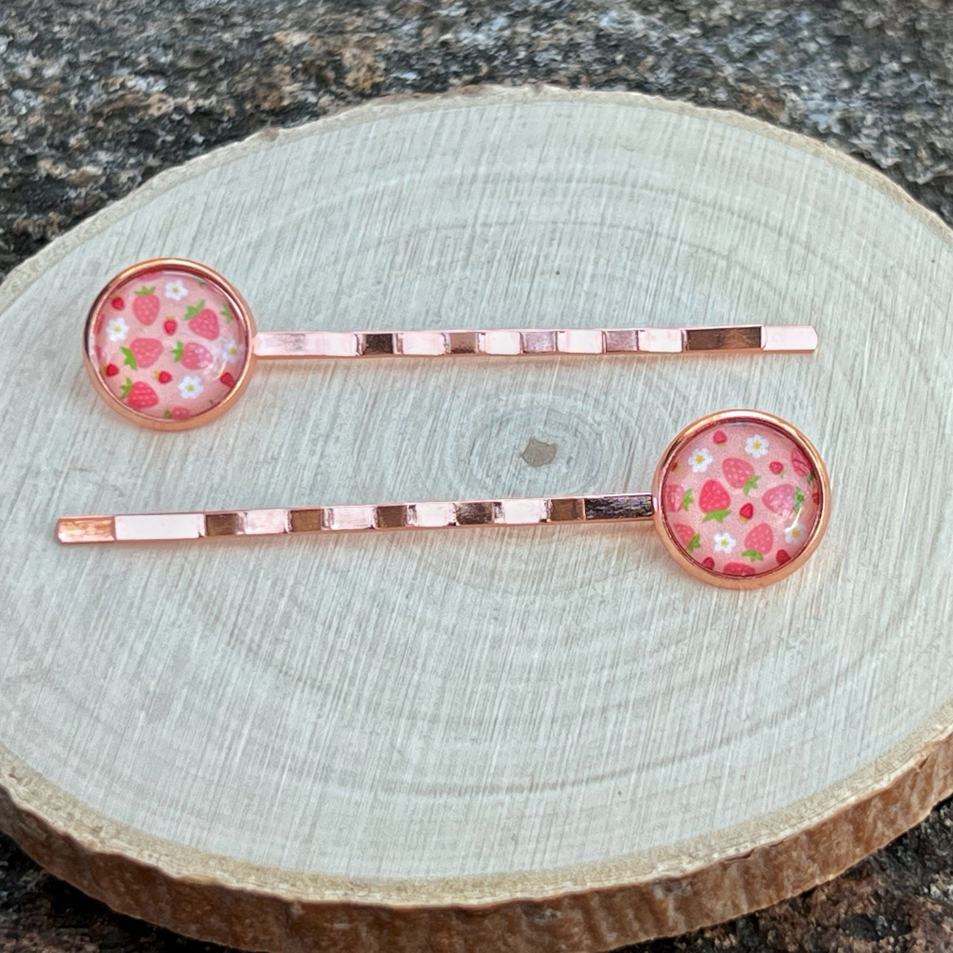 Pink Strawberry Hair Pins – Set of 2 Rose Gold Fruit-Inspired Accessories