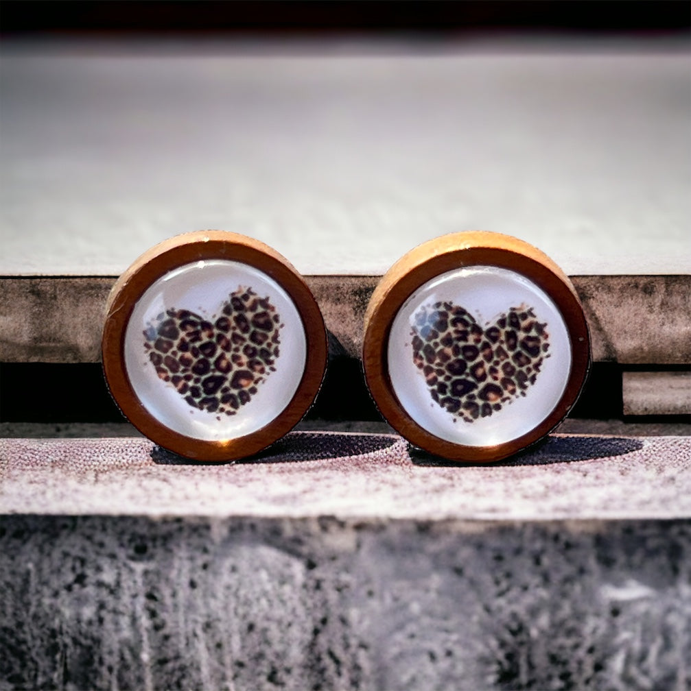Wooden Leopard Print Heart Stud Earrings – Wild & Playful Statement Jewelry