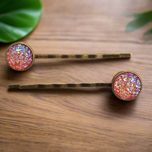 Orange Glitter Druzy Brass Hair Pins - Stylish Hair Accessories