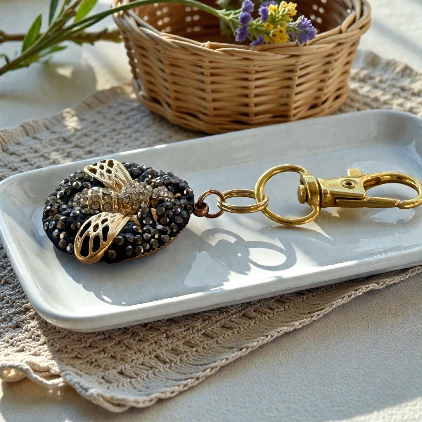 Black Druzy Bee Purse Charm – Gold Sparkle Rhinestone Keychain