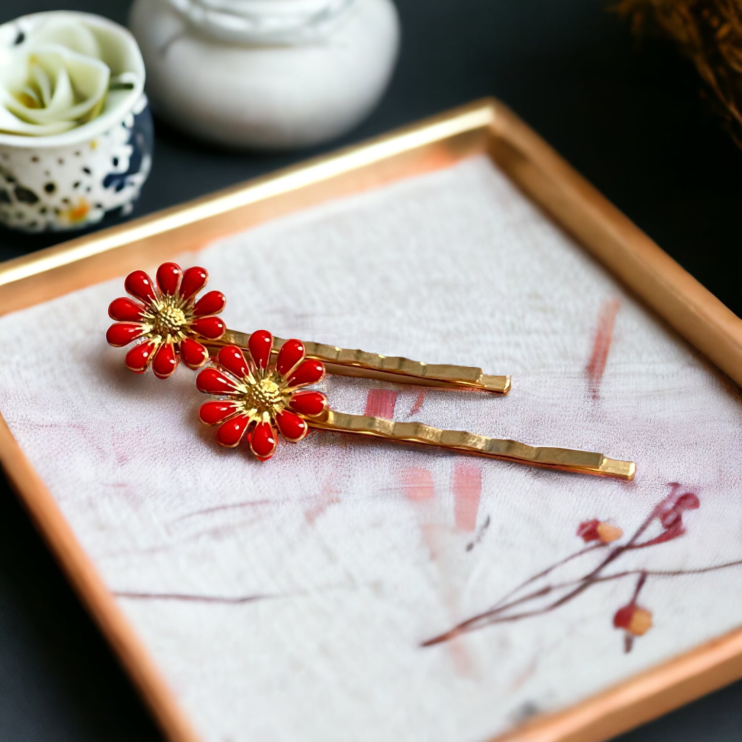 Decorative Red Enamel Wildflower Hair Pins - Delicate Floral Accessories