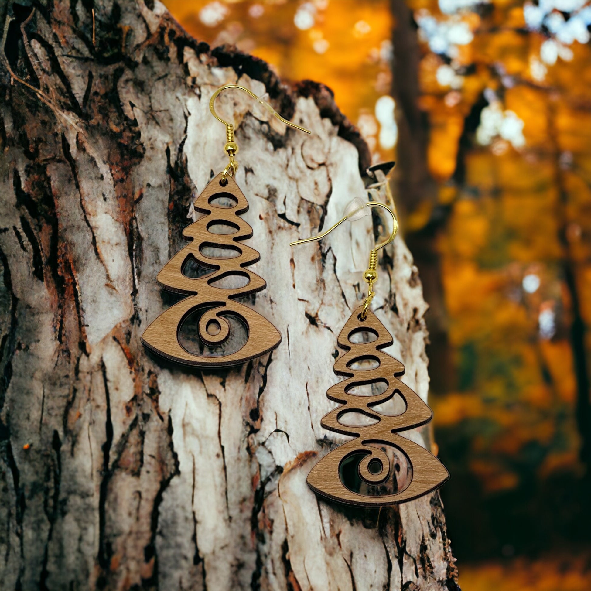 Mystic Pine Eye Earrings – Wooden Holiday Tree Jewelry with a Twist