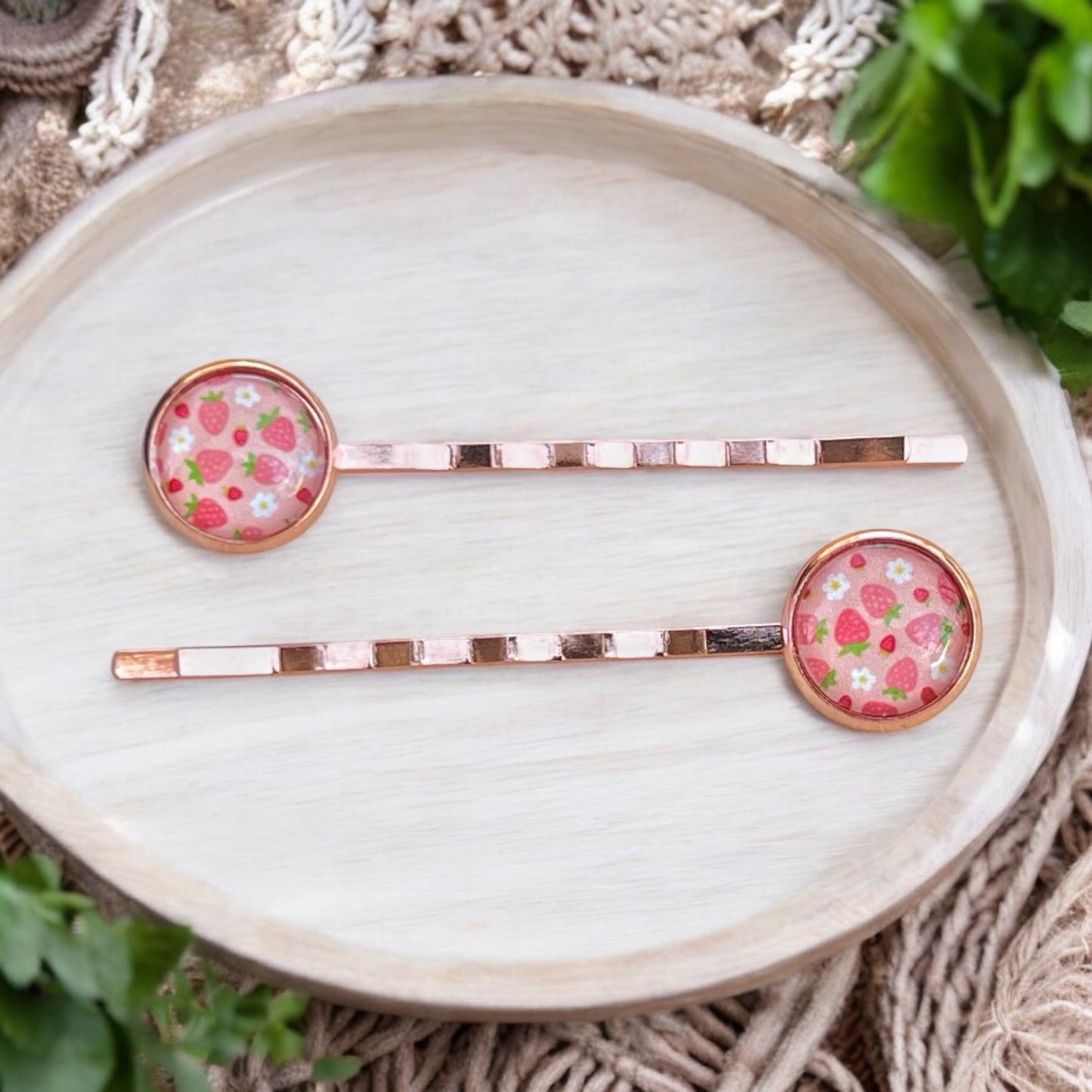 Pink Strawberry Hair Pins – Set of 2 Rose Gold Fruit-Inspired Accessories