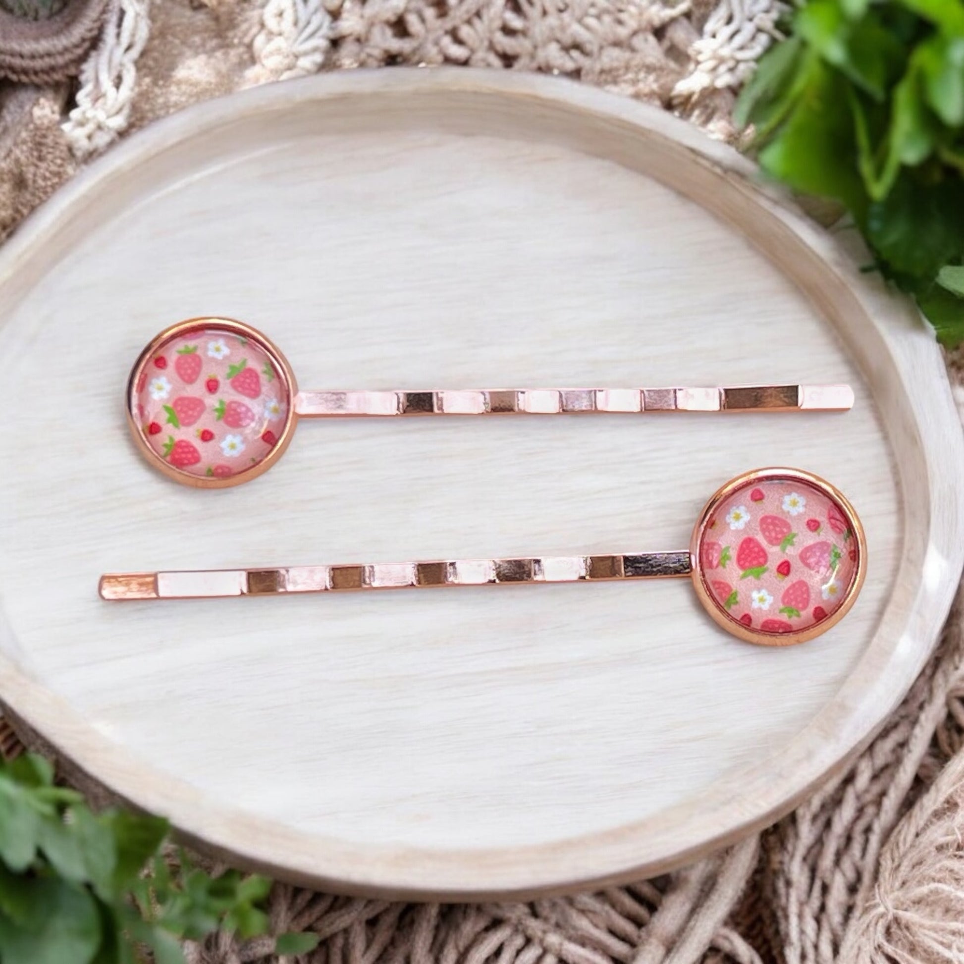 Pink Strawberry Hair Pins – Set of 2 Rose Gold Fruit-Inspired Accessories