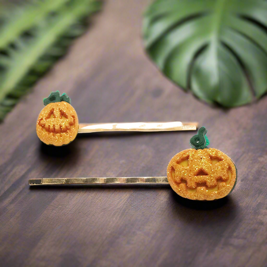 Orange Glitter Pumpkin Halloween Hair Pins - Set of 2 Bobby Pins