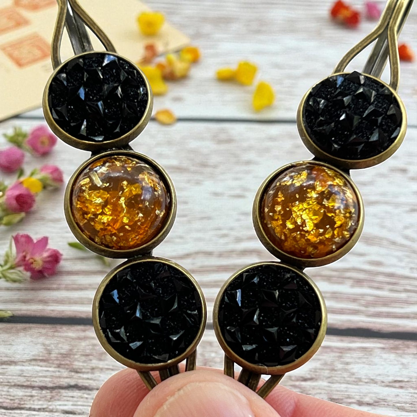 Fall Hair Pin Set – Amber & Black Crystal Handmade Bobby Pins