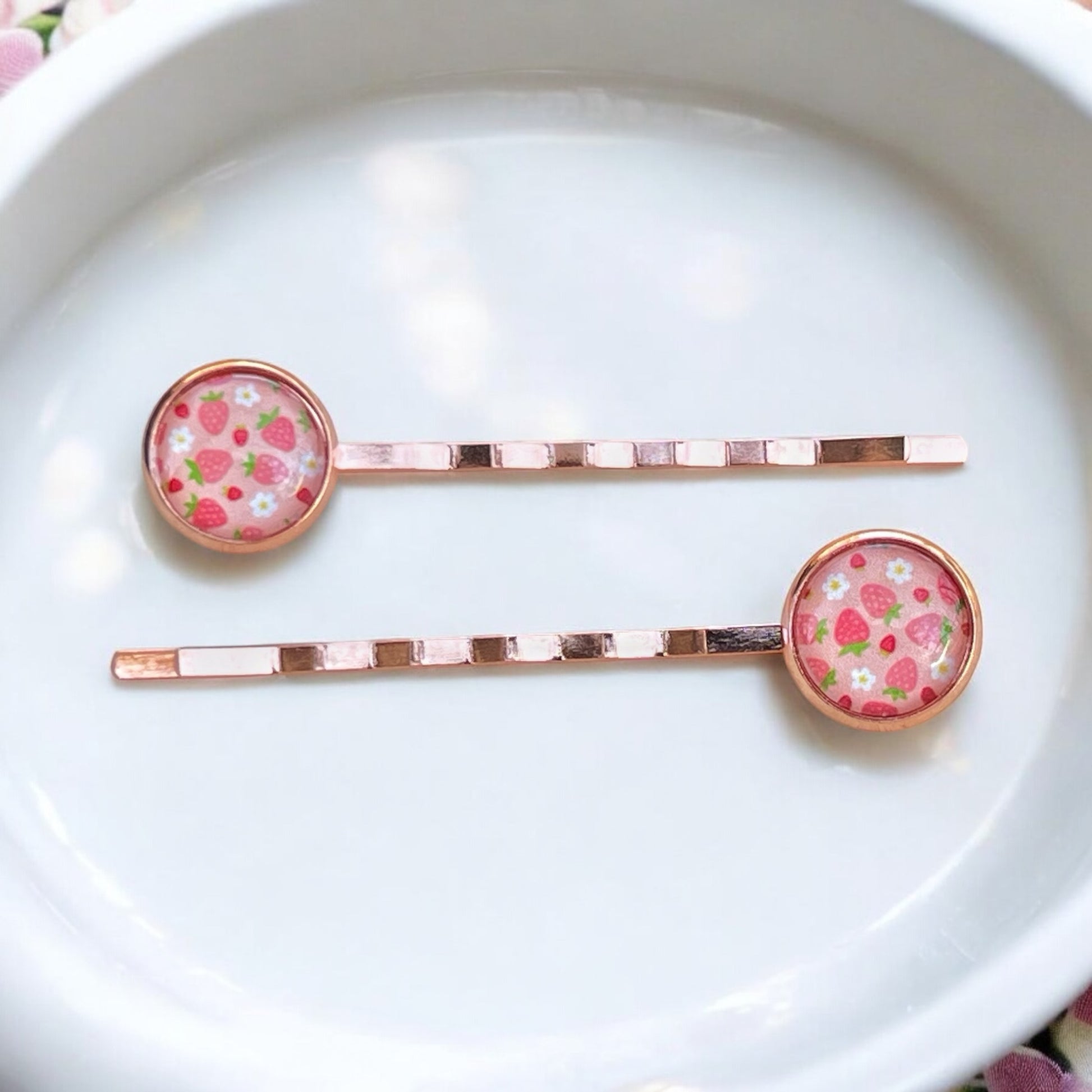 Pink Strawberry Hair Pins – Set of 2 Rose Gold Fruit-Inspired Accessories